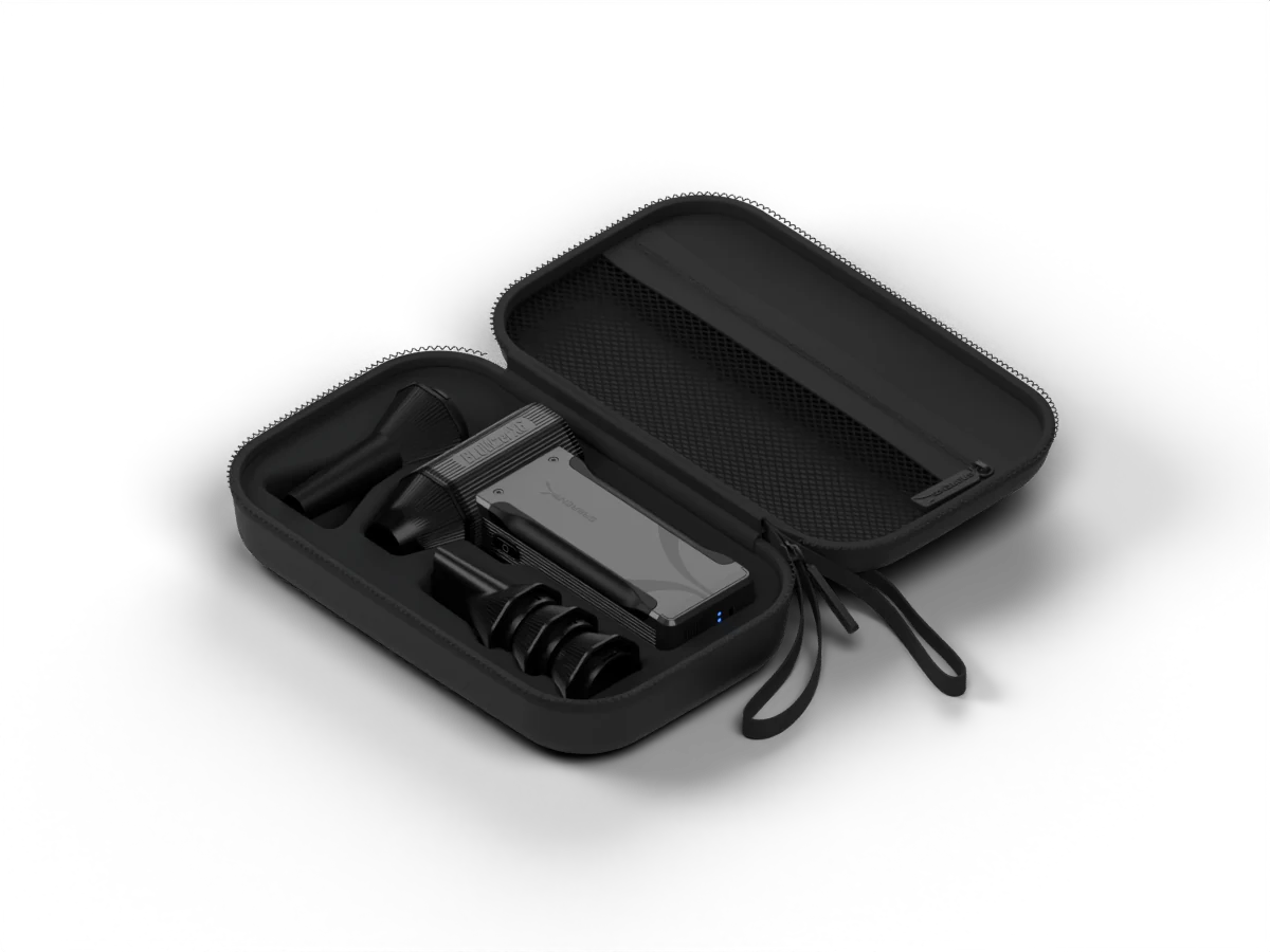 BLOWZER and interchangeable nozzles organized in the open carrying case