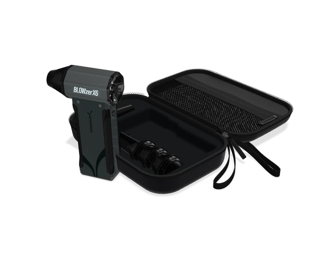 Standing BLOWZER X6 beside its open carrying case and interchangeable nozzles