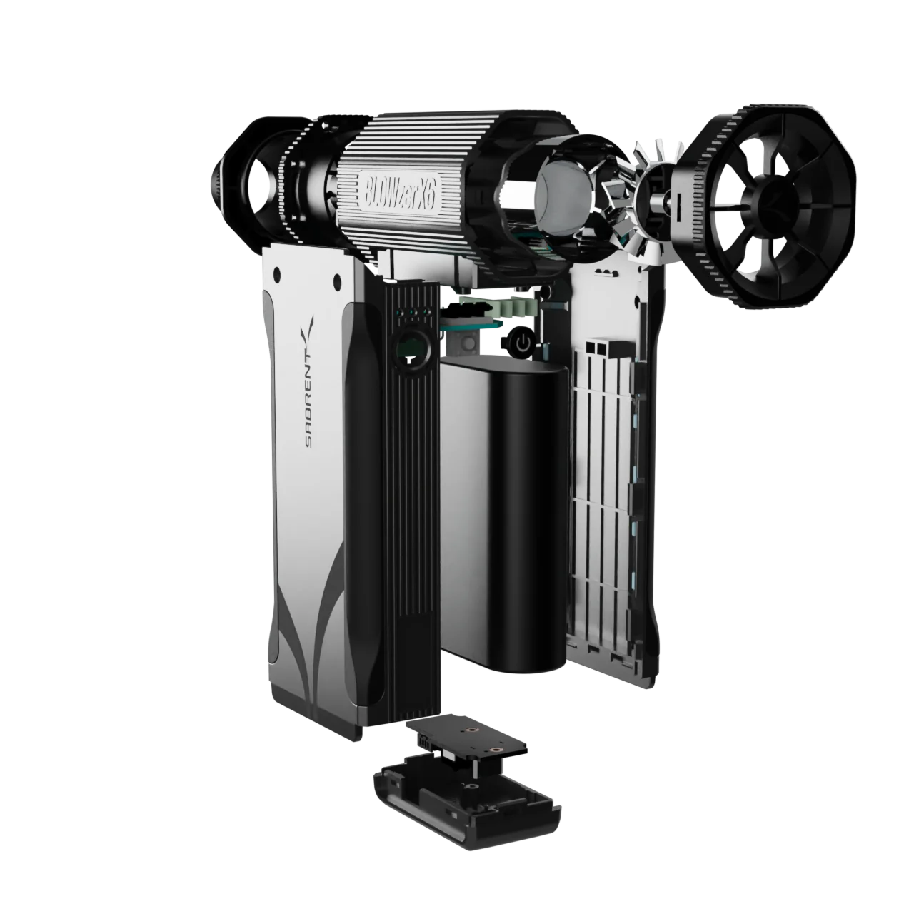 Exploded BLOWZER X6 showing the motor, battery, circuit boards and separated housings