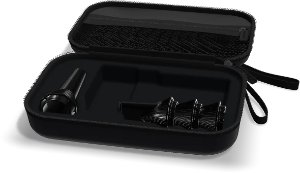 Open carrying case with an empty product pocket and interchangeable nozzles