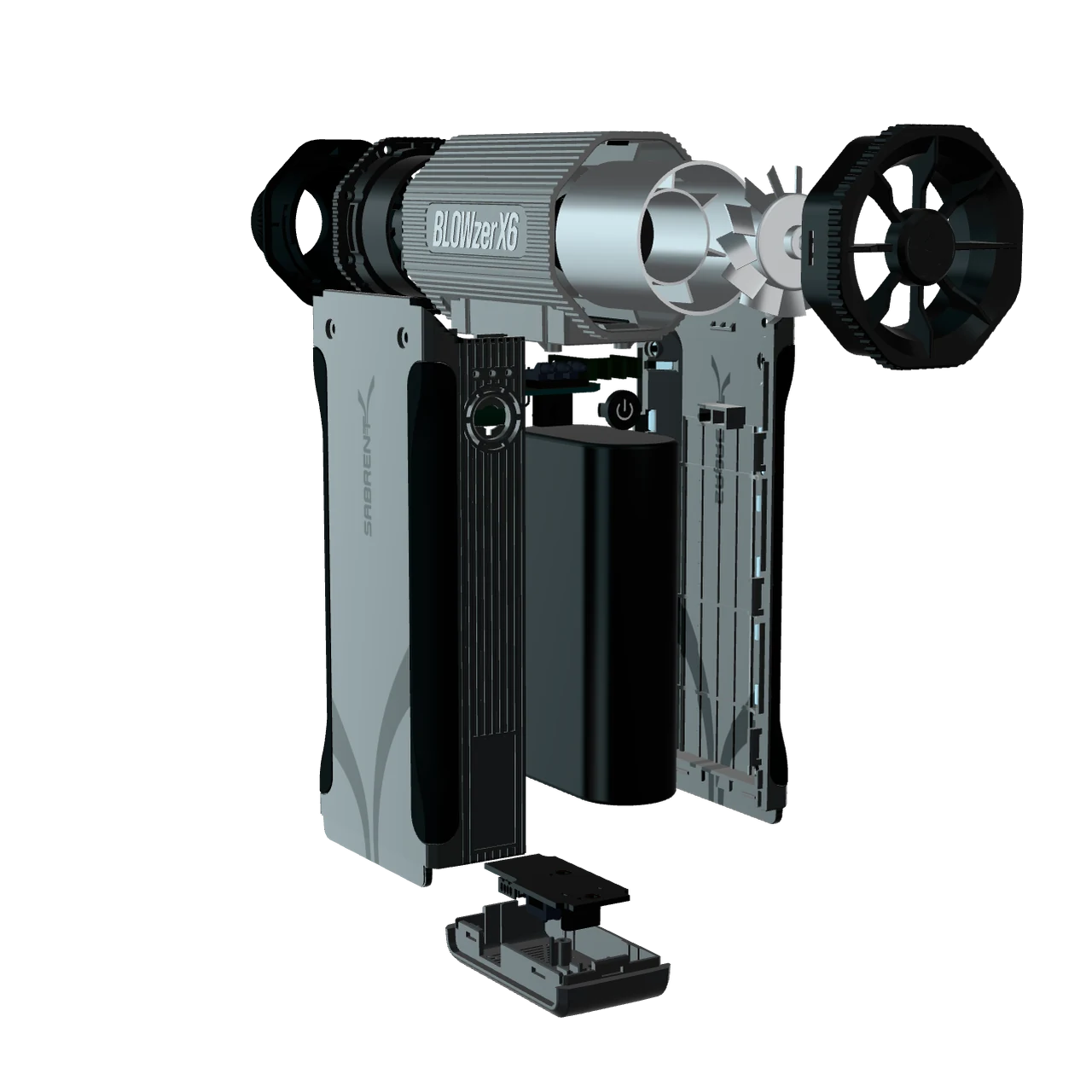 Exploded BLOWZER X6 showing the motor, battery, circuit boards and separated housings